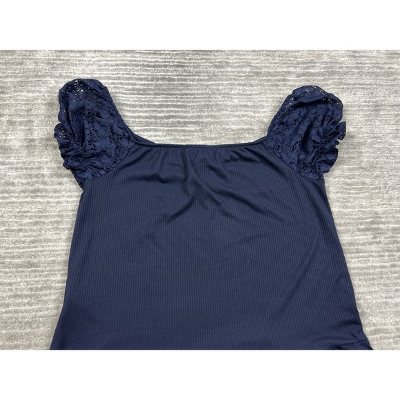 Set‎ the Stage Top Womens Large Blue Lace Shoulder Ribbed NWT - Picture 7 of 10